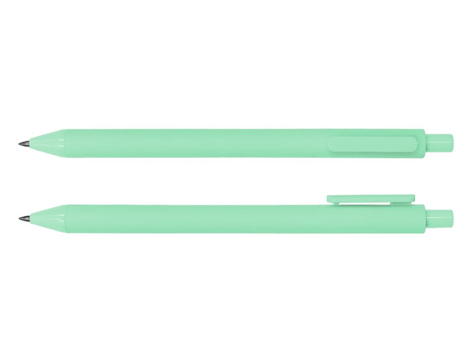 A mint green ballpoint pen with a smooth barrel and a clip, featuring a sleek design.