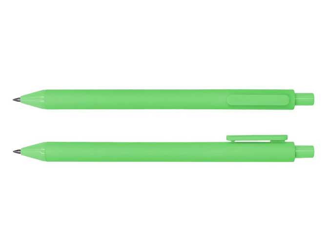 A green ballpoint pen displayed upright and horizontally, featuring a clip and a smooth barrel.