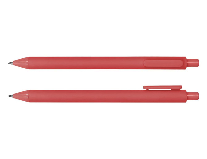 A red Virgo ballpoint pen is displayed, featuring a smooth design with a clip and a retractable tip.