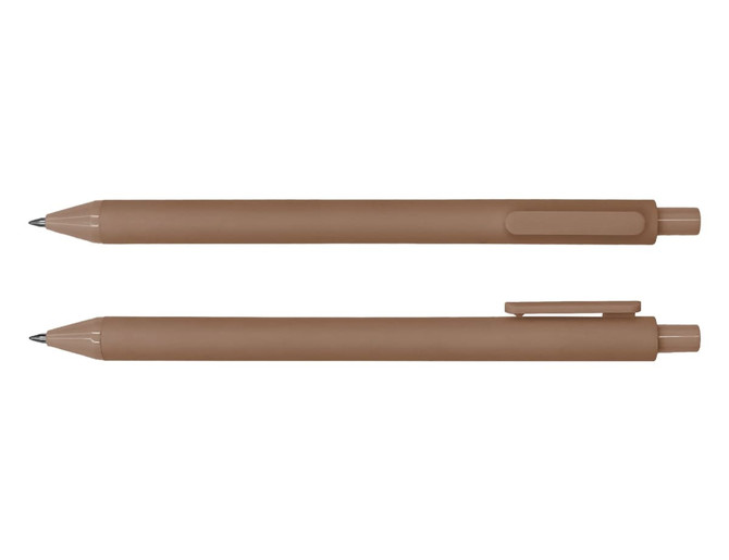 A brown ballpoint pen with a sleek design and a clip, featuring a brand logo.