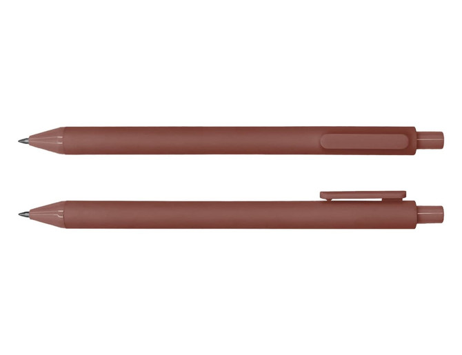 A brown Virgo ballpoint pen, featuring a sleek design and a clip for easy attachment. It has a smooth writing tip.