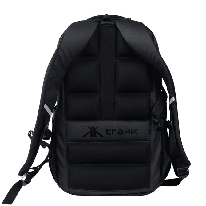 A black computer backpack with padded back and adjustable straps, featuring a logo on the front.