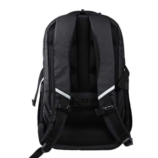 A black backpack with padded adjustable shoulder straps and a structured back panel. Features a logo on the front.
