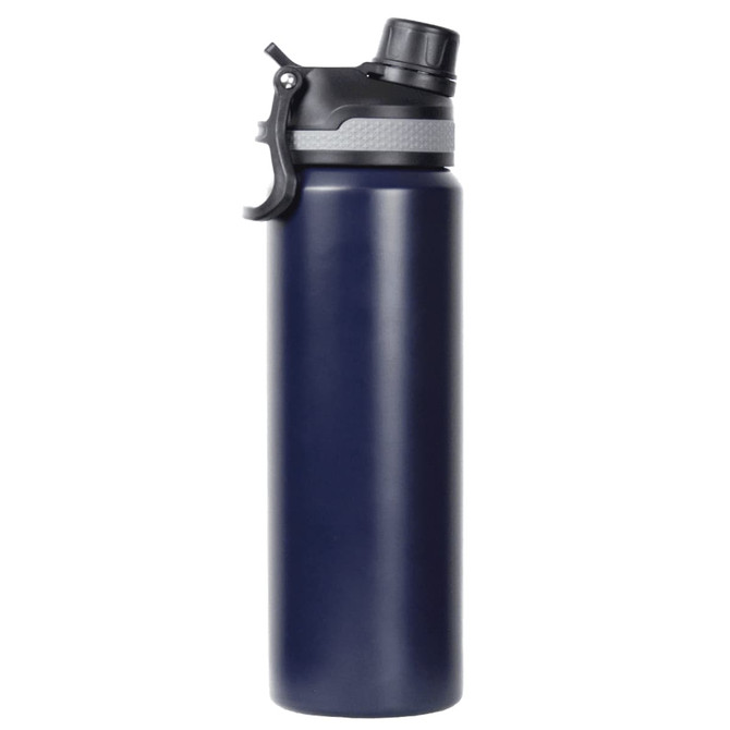 A drink bottle in navy blue with a black lid and a grey grip, featuring a logo on the side.