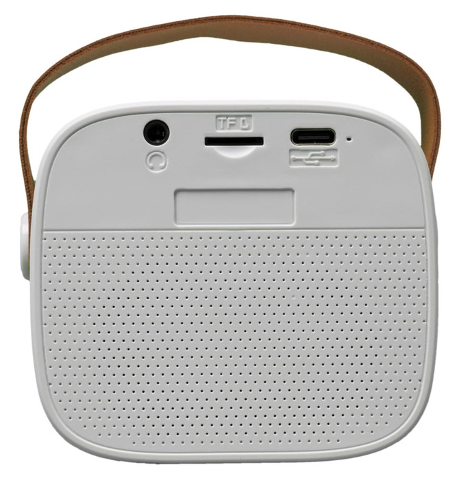 A compact white boombox mini speaker with a brown strap and various ports on the back.