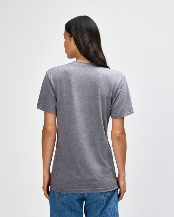 A grey American Apparel tri-blend t-shirt displayed on a model from the back, featuring a simple design and relaxed fit.