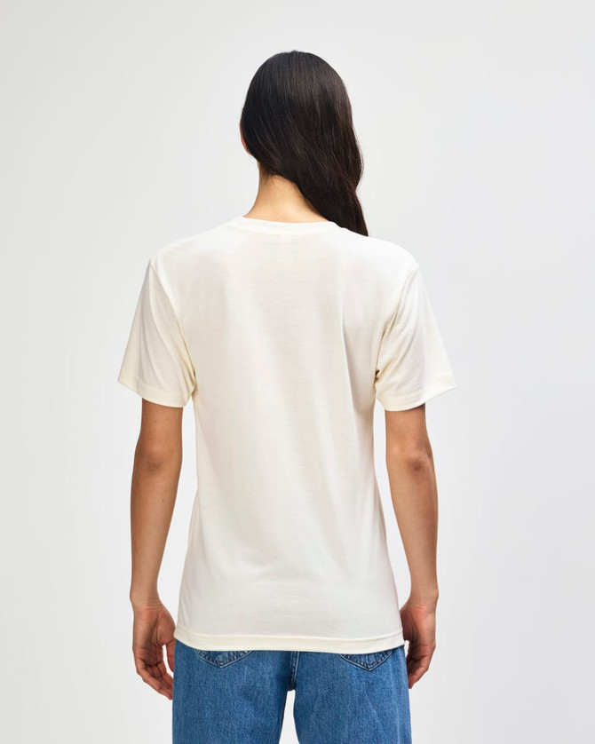 A cream-coloured American Apparel tri-blend T-shirt, viewed from the back, featuring a simple design and relaxed fit.