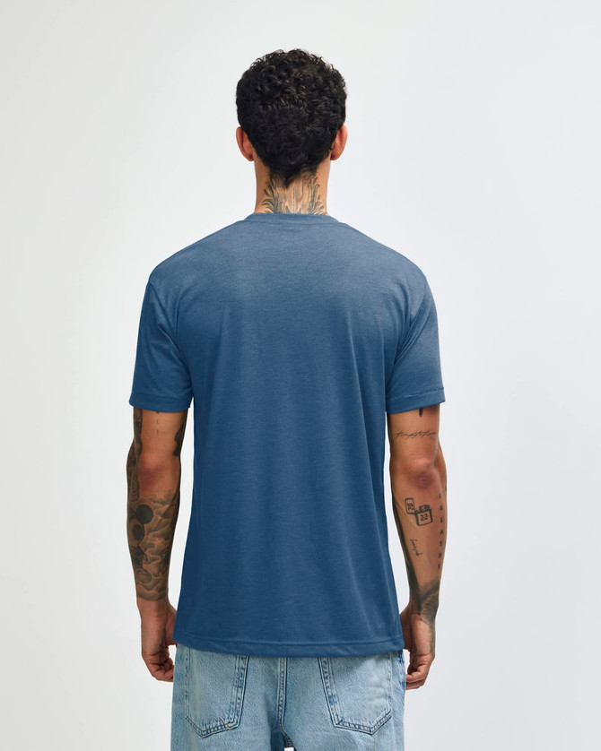 A back view of an American Apparel Tri-Blend T-shirt in blue, featuring short sleeves and a logo.