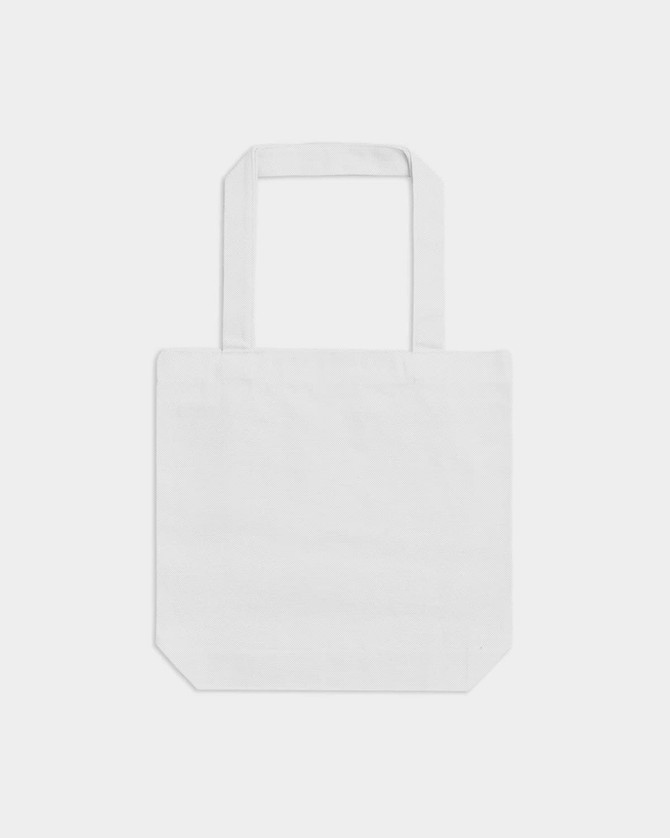 A white tote bag with two handles and a simple design. It has a logo on one side.