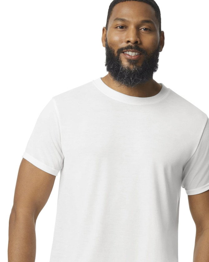 A white adult T-shirt featuring a classic crew neck and short sleeves, displayed on a model with a beard.