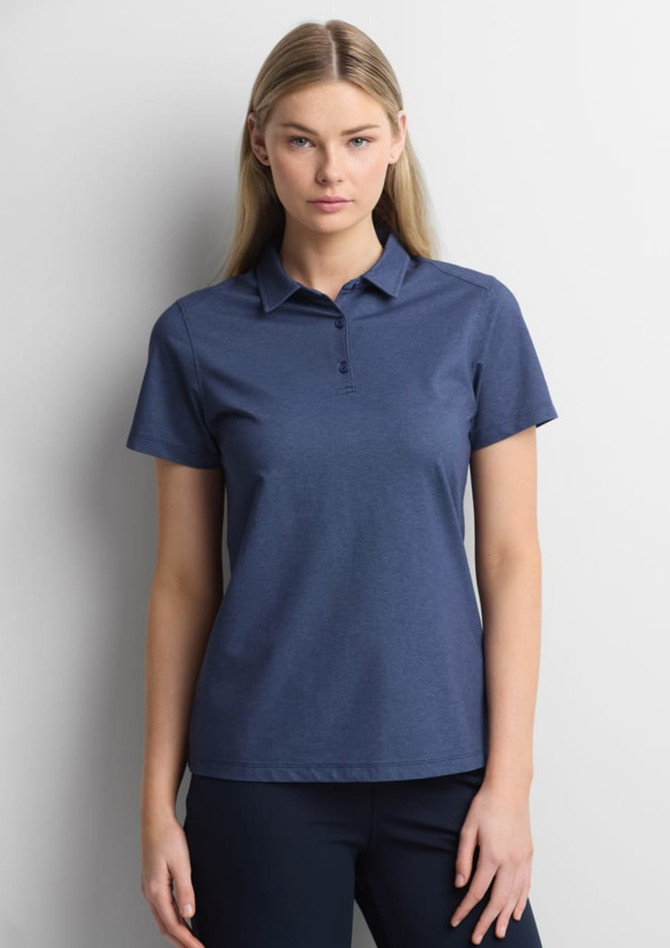 A women's short sleeve polo in navy blue with a collar and a logo.