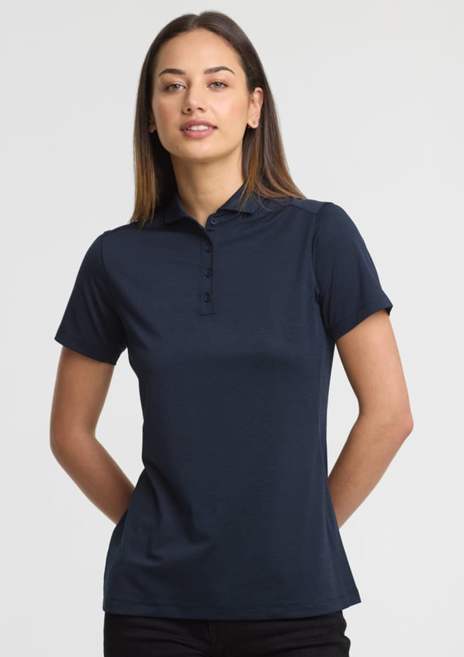 A women's short sleeve polo in navy blue, featuring a collar and a logo on the chest.