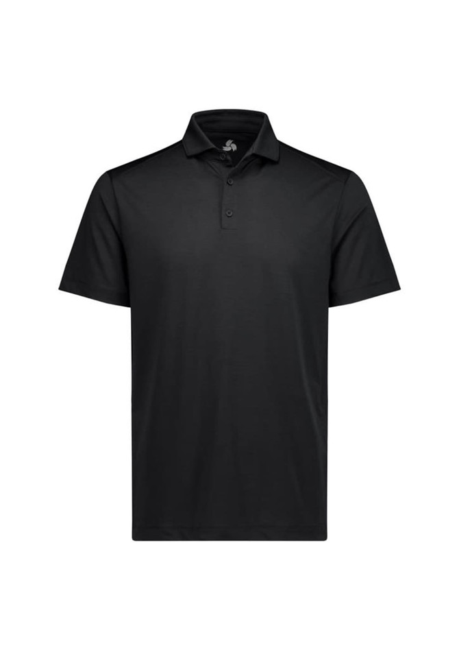 A black short sleeve polo shirt with a collar and button placket, featuring a logo on the upper side.