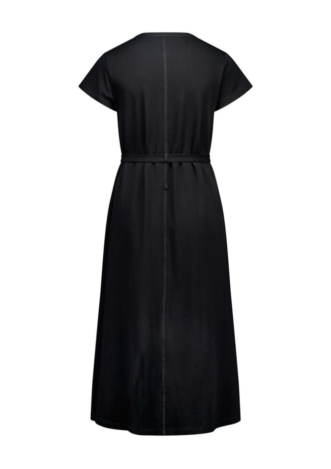 A black midi dress featuring short sleeves, a fitted waist, and a simple back design with a belt.