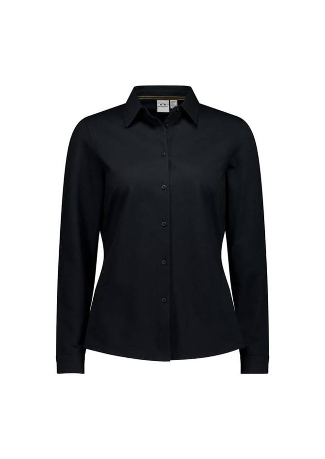 A black women's long sleeve shirt with a collared neck and button-up front. It features a logo on the chest.