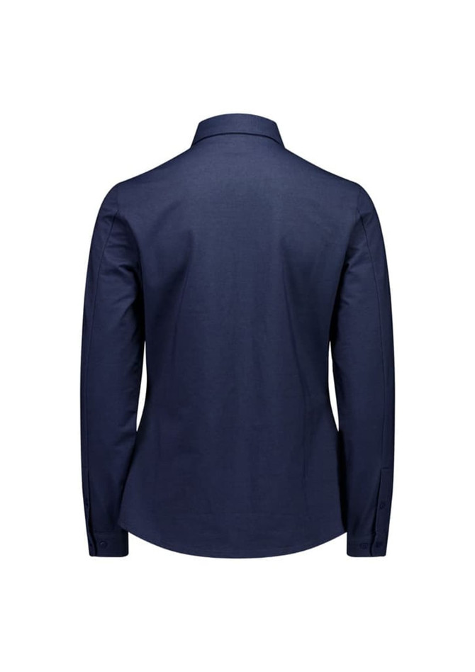 A women's long sleeve shirt in navy blue, featuring a smooth fabric and a branded logo.