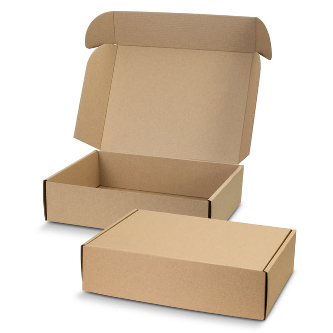 A kraft cardboard die cut box with a locking lid, featuring an open box on top and a closed box underneath.