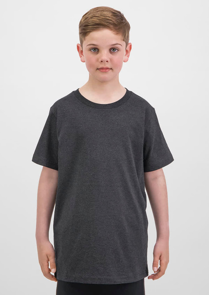 A dark grey short sleeve tee is displayed on a child, featuring a simple design and relaxed fit.
