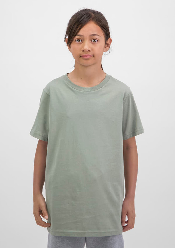 A kids’ short sleeve tee in a muted green colour, featuring a comfortable, relaxed fit. The tee has a simple design and a logo.