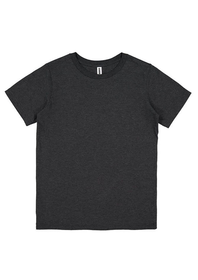A dark grey short sleeve tee with a classic crew neck design and a logo on the label.