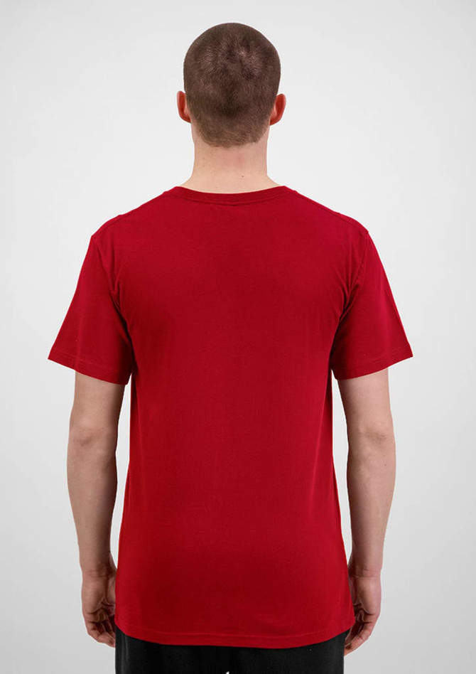A red short sleeve tee viewed from the back, featuring a simple design and a logo.