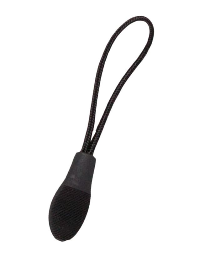 A black changeable zip puller with a looped cord for easy attachment. It has a textured grip for better handling.