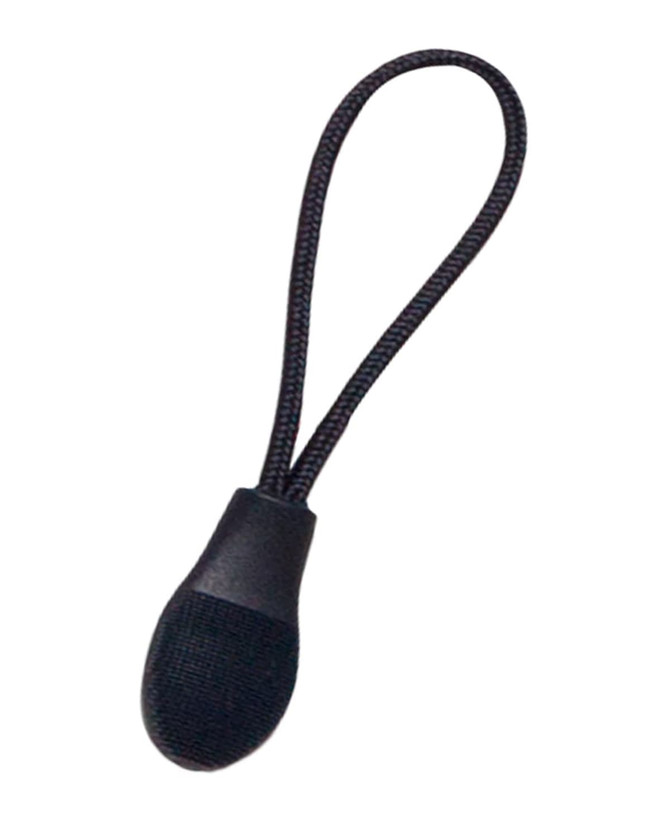A black changeable zip puller with a looped nylon cord for easy attachment.