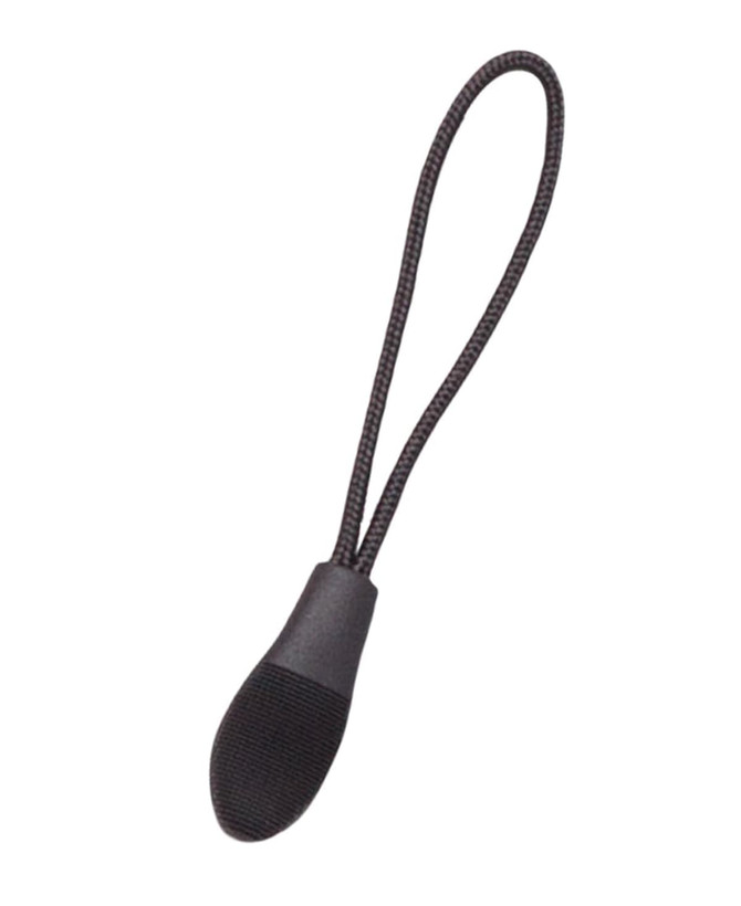 A black zip puller with a looped cord, designed for easy attachment to zippers.