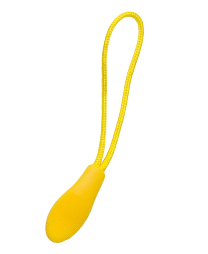A yellow changeable zip puller with a textured grip and a loop for attachment.