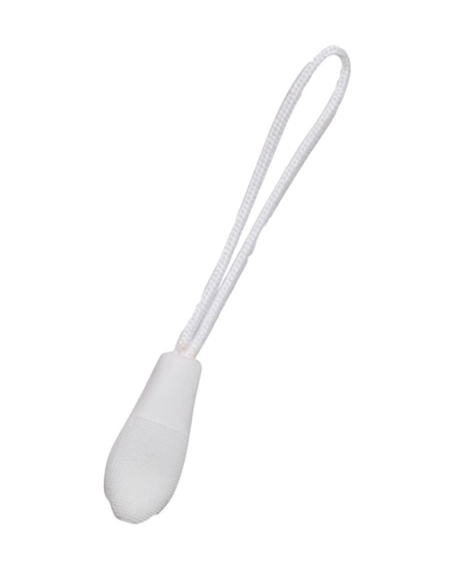 A white zip puller with a looped cord, designed as a clothing accessory.