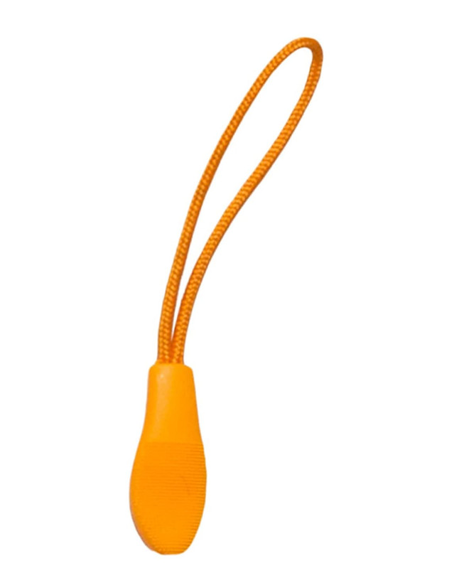 An orange zip puller with a looped cord, designed as a clothing accessory.