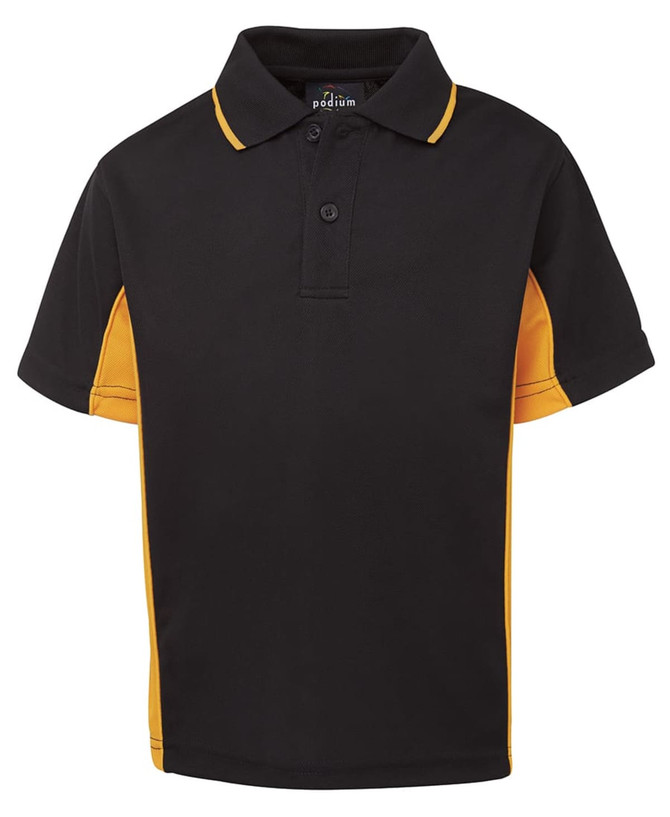 A black and orange polo shirt with a collar and short sleeves, featuring a logo on the front.