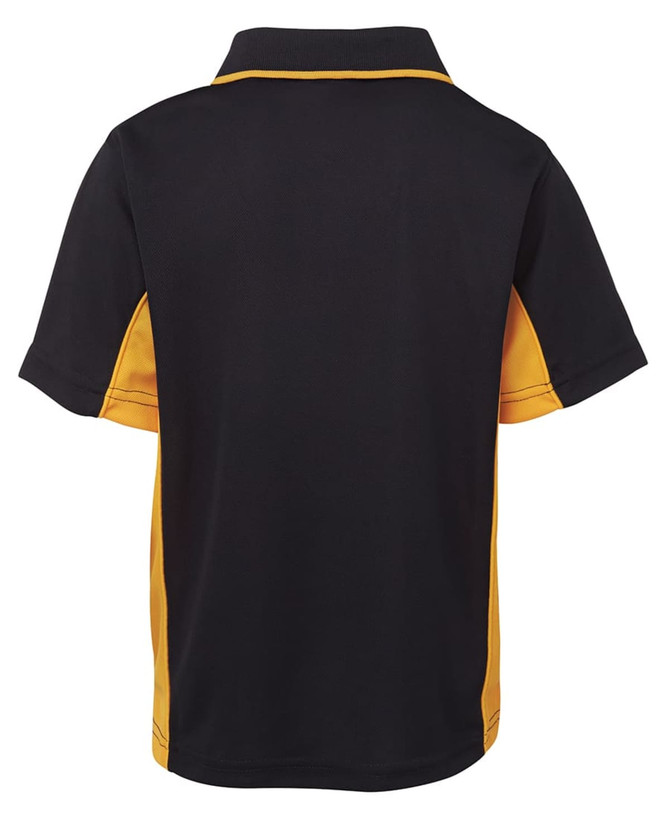 A black and yellow polo shirt featuring a branded logo, showcasing a classic design with short sleeves.