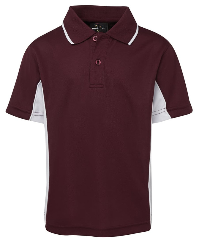 A maroon polo shirt with white side panels and a collar, featuring a branded logo on the neckline.