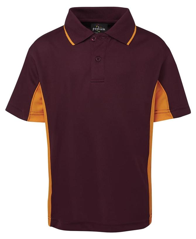 A burgundy polo shirt with orange accents and a collar, featuring a logo on the upper back.