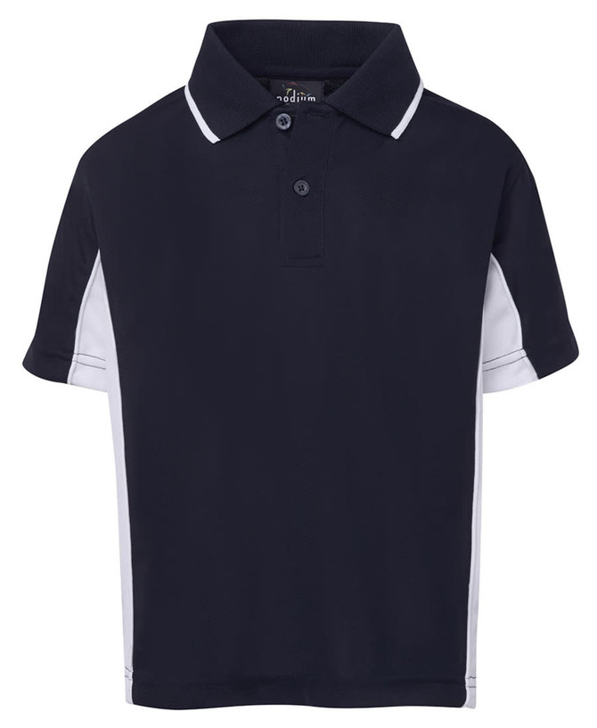 A navy blue polo shirt with white side panels, featuring a collar and a logo on the label.
