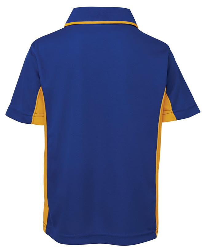 A blue polo shirt with yellow accents and a collar, featuring a logo on the back.