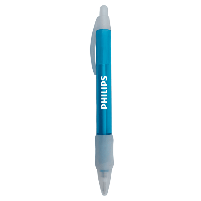 A blue plastic pen with a transparent body and a grey grip, featuring a logo.