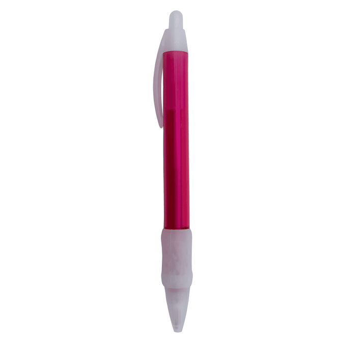 A plastic pen with a pink barrel and white details, featuring a clip and a white tip. It has a logo.