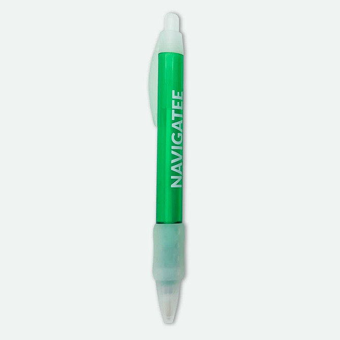 A green plastic pen with a clear tip and one visible branding logo.