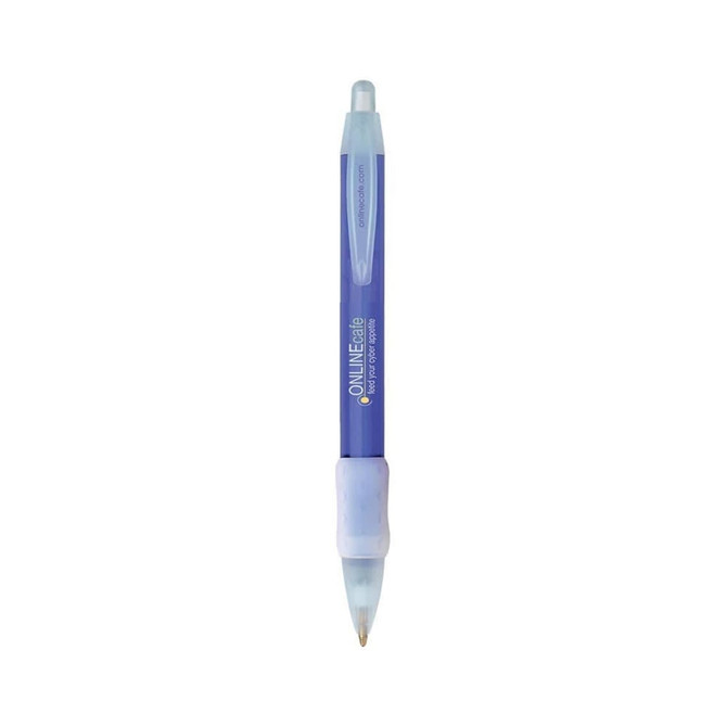 A blue plastic pen with a clear barrel and a grip, featuring branding on the side.