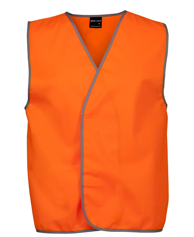 An orange safety vest with grey trim, featuring a logo, designed for visibility and safety wear.