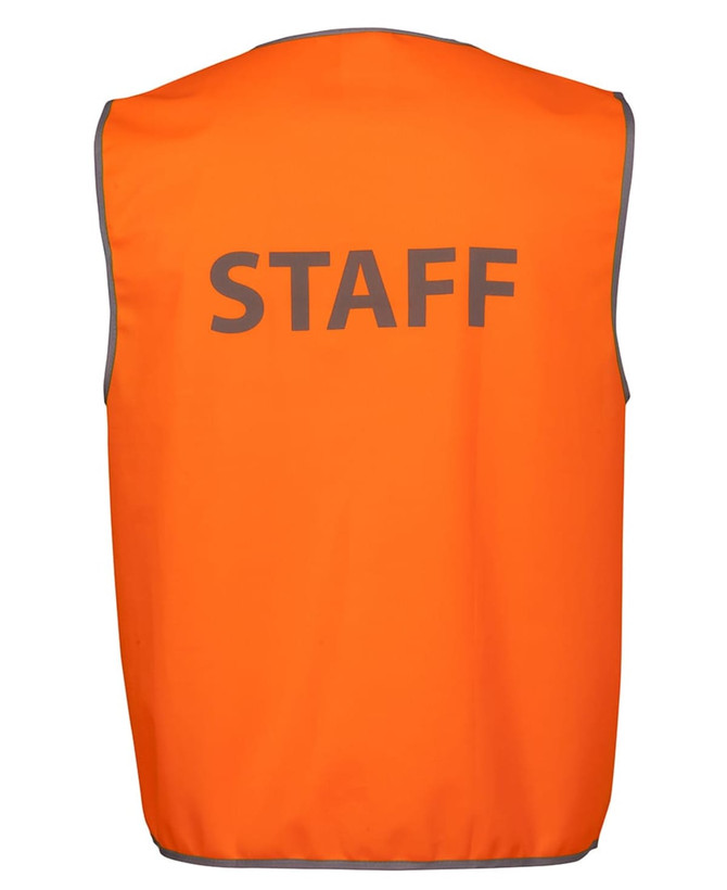 A safety vest in bright orange colour with a grey trim and a logo, labelled with the word "STAFF" on the back.