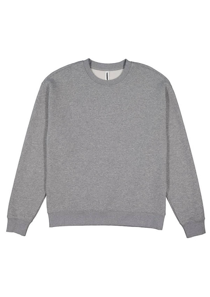 A grey crew sweatshirt with ribbed cuffs and a hem, featuring a simple design and a logo.