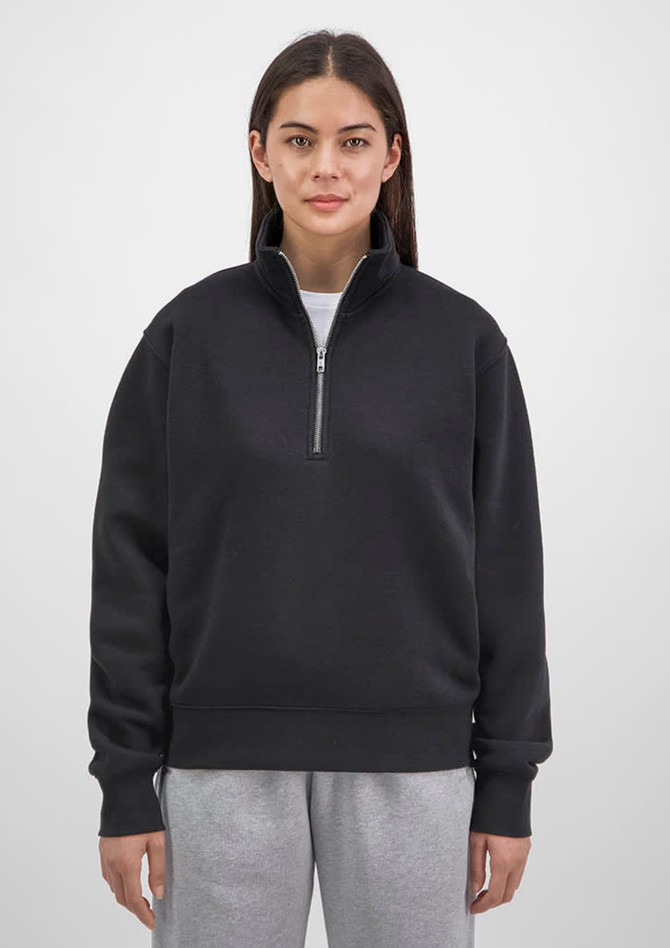 A black women's 1/4 zip sweatshirt featuring a high collar and long sleeves, displayed on a model.