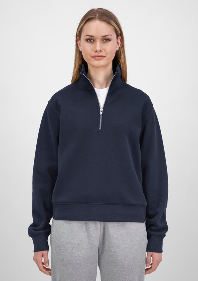 A navy blue women's 1/4 zip sweatshirt with a high collar and long sleeves, featuring a logo.