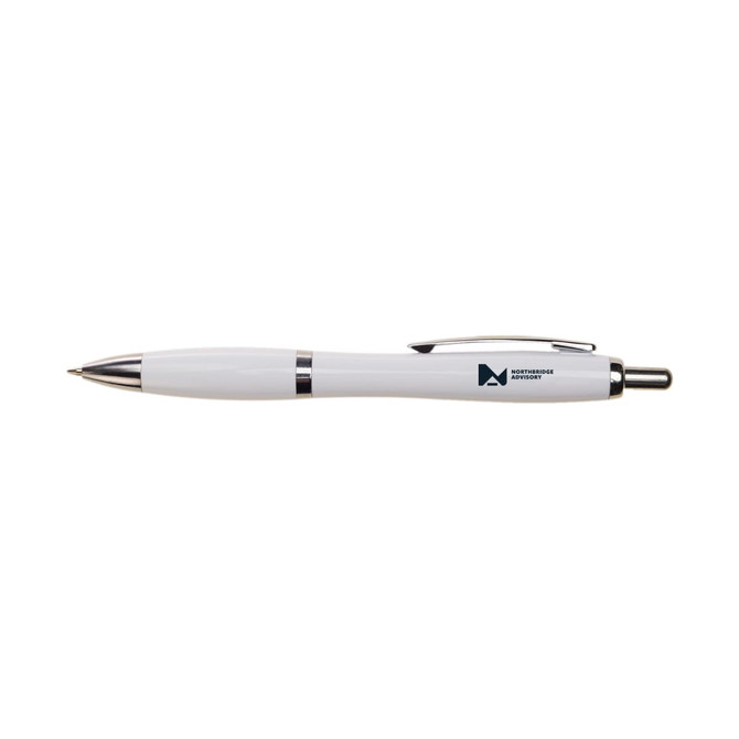 A plastic pen in white with silver accents, featuring a clip and a logo.
