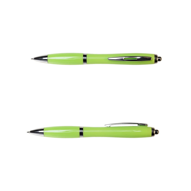 A green plastic pen featuring a sleek design with chrome accents and a clip. It has a branding logo.