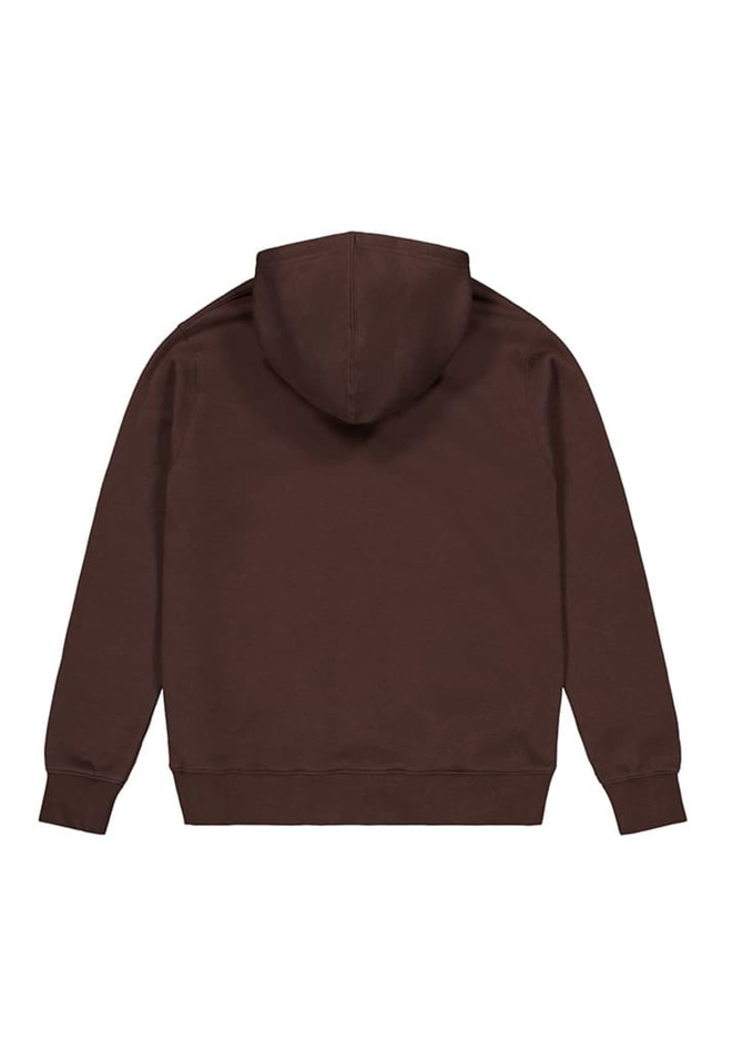 A brown hoodie with a drawstring hood and long sleeves, featuring a back view. It has a logo.