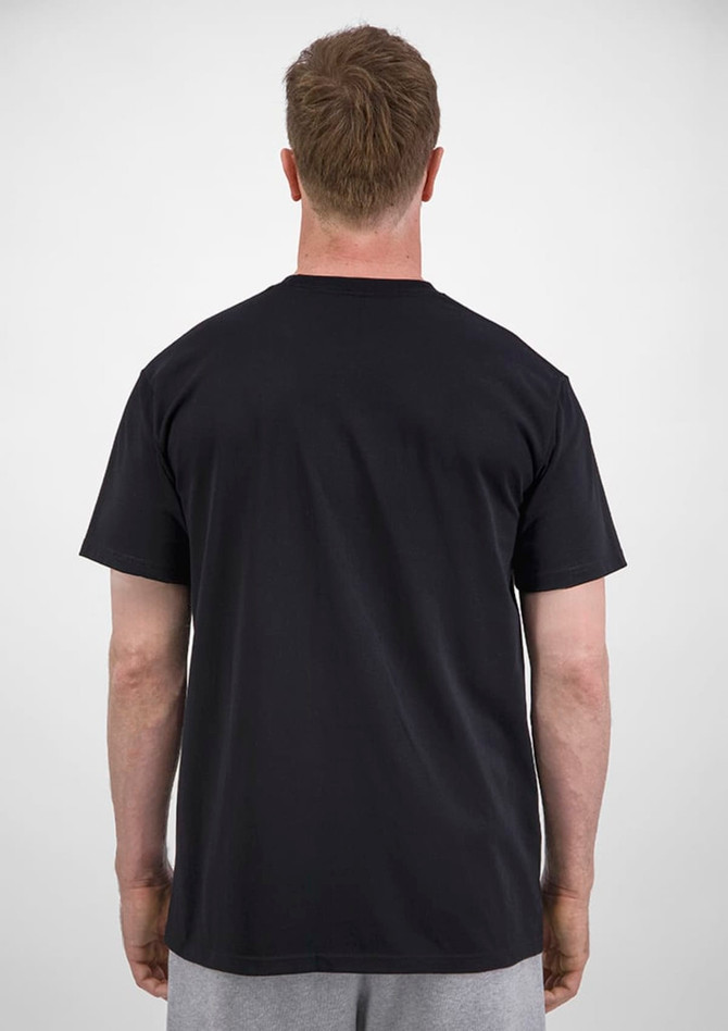 A black short sleeve tee viewed from the back, featuring a plain design and a logo on the upper back.